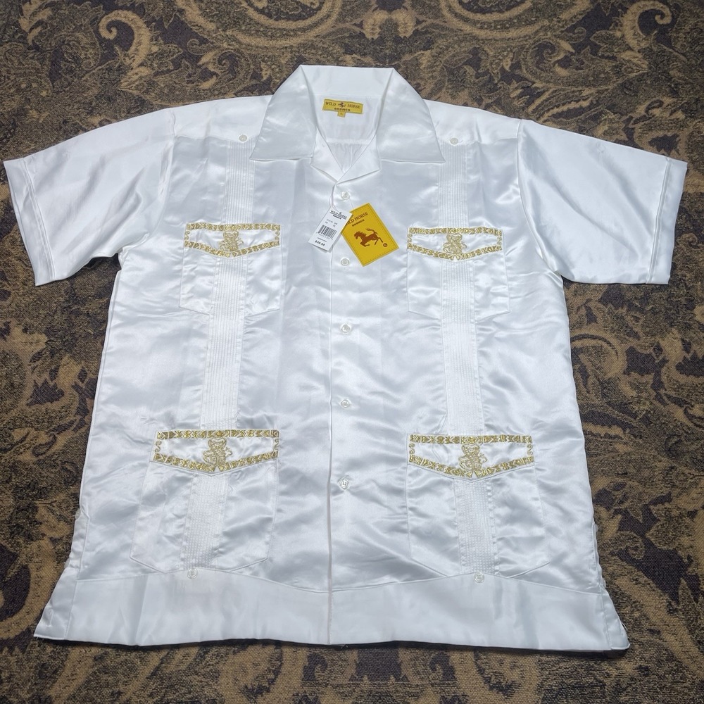 Vtg 80s Wild Horse Bronco Button Up Cuban White Button Up Shirt Mens Size XL New